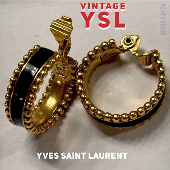 YSL VINTAGE YVES ST LAURENT black and gold clip on hoop earrings NEW CONDITION! - Picture 1 of 13